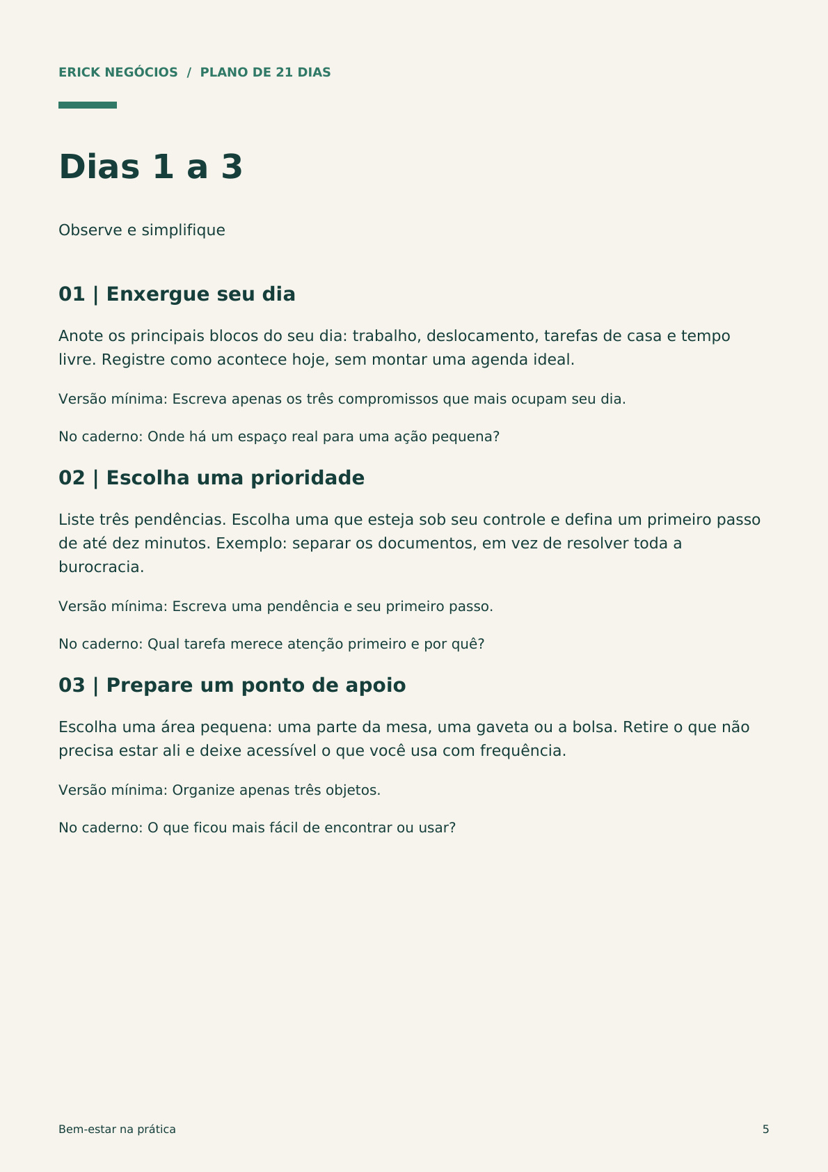 Página real com as atividades dos dias 1 a 3